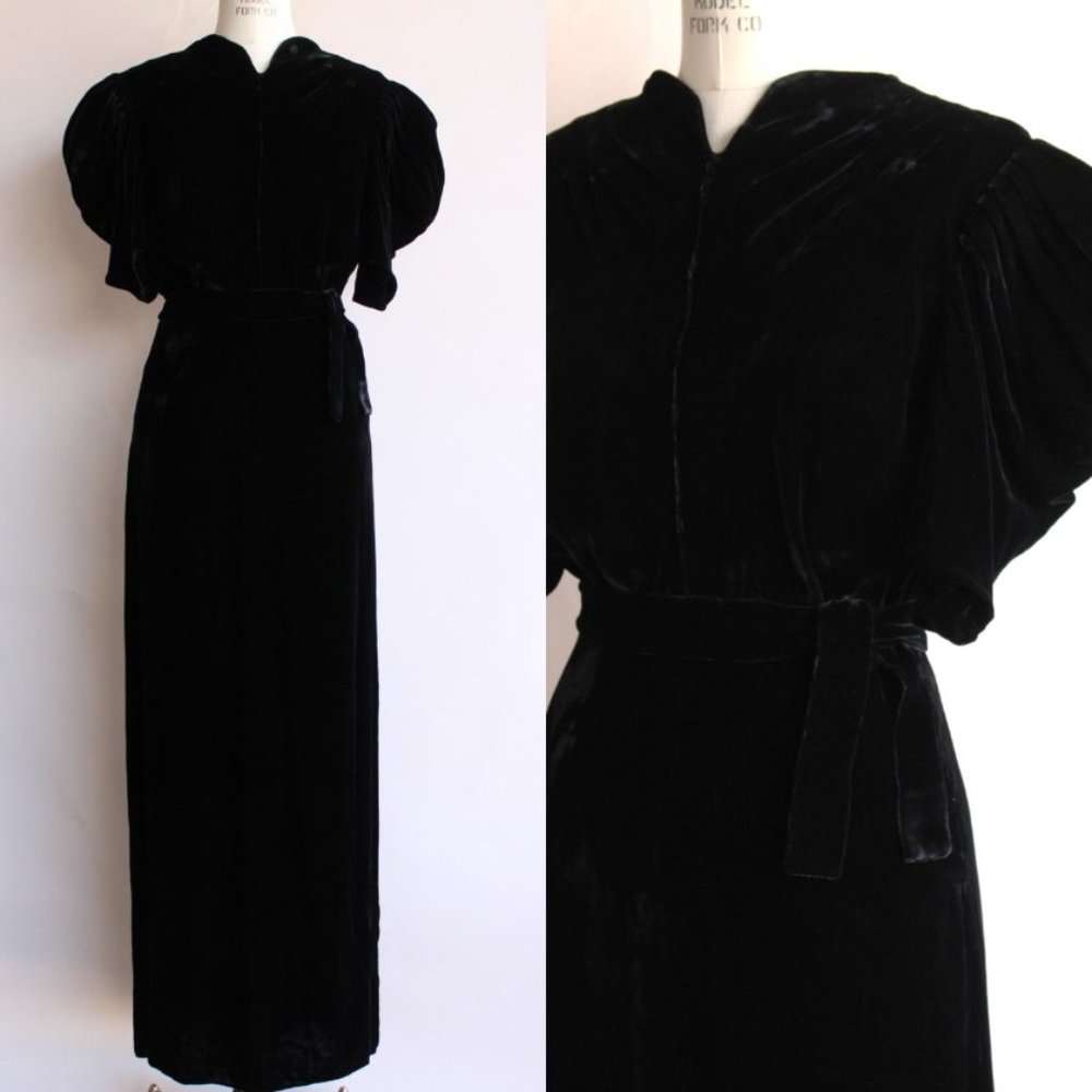 Vintage 1930s Dress / Kiviette Black Silk Velvet Rare Full Length Gown / Couture